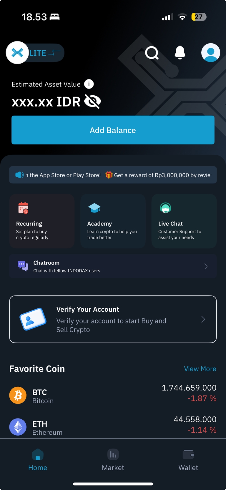 Tampilan aplikasi Indodax