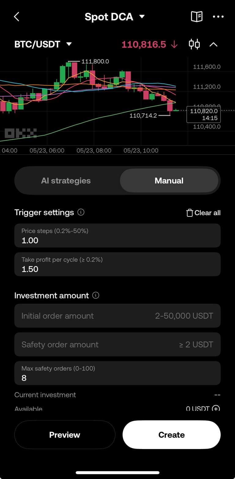 Perintah trading dengan DCA bot di Aplikasi OKX