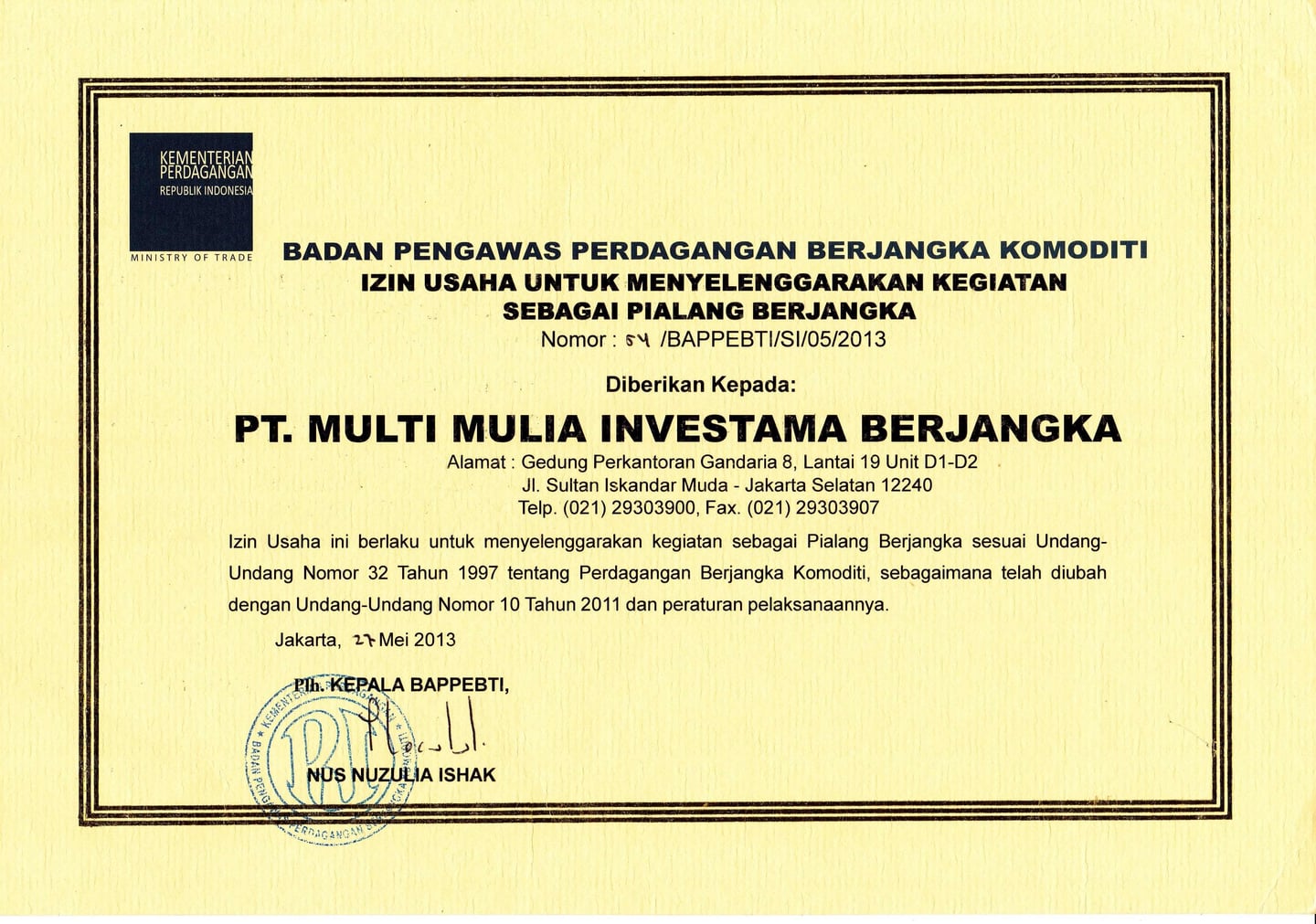 Review Sertifikat Bappebti Milik Octa