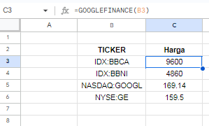 cara mengimpor data saham dari Google Finance