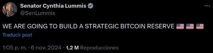 Statement dari Cynthia Lummis yang mendukung adanya cadangan dana dalam bentuk BTC