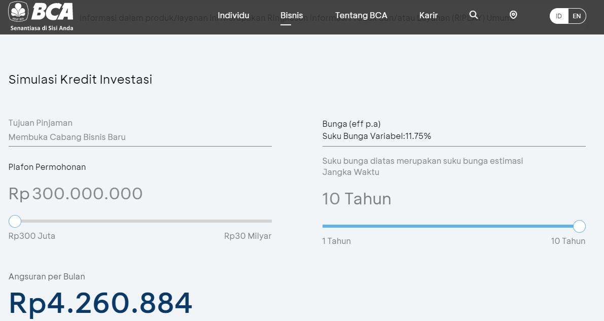 simulasi kredit investasi BCA